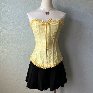 Yellow Satin Corset Top Lace Up Boned Bustier Coquette Fairycore Size S